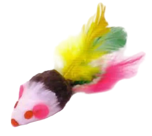 A plush cat  toy  resembling a mouse with colorful tail feathers.