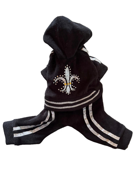 A black pet hoodie sweatshirt with a white fleur-de-lis design on the chest, laid flat 