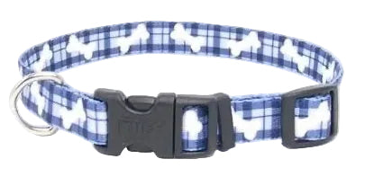 A blue and white gingham dog collar with white dog silhouette patterns, featuring a black plastic quick-release buckle and a silver metal ring.