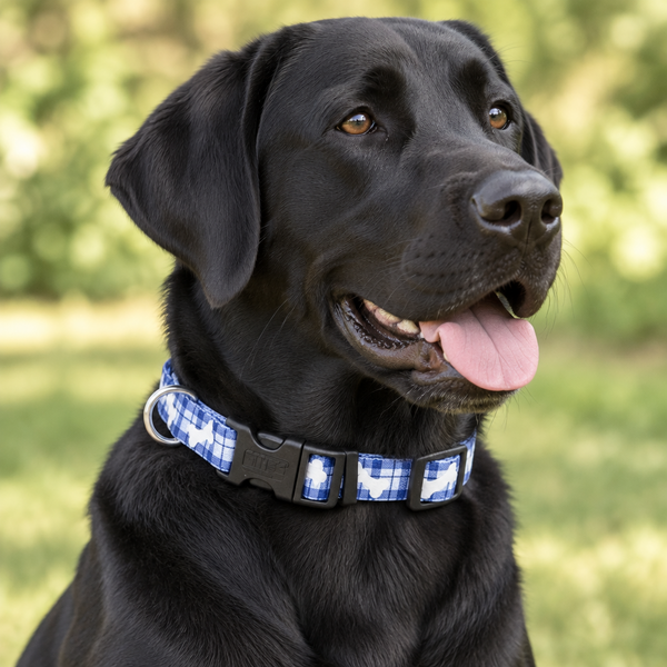 A black Labrador retriever outdoors wearing a blue and white plaid dog collar with black plastic hardware.