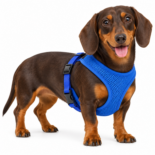 A dachshund wearing a bright blue mesh dog harness with black plastic buckles, photographed against a clean white studio background.