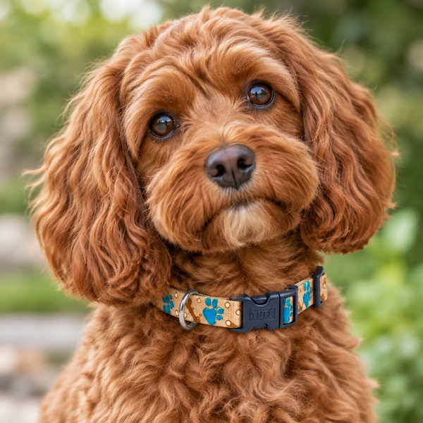 A close-up portrait of a curly-haired reddish-brown dog wearing a patterned dog collar outdoors with a soft green blurred background.