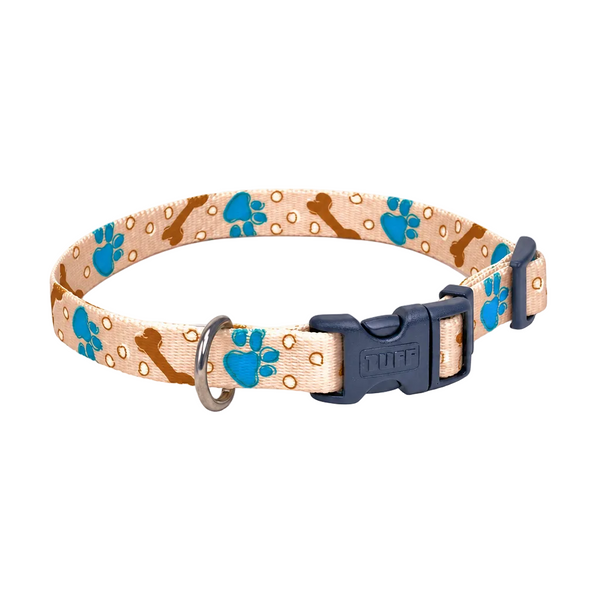 A dog collar with a beige woven strap featuring blue paw prints, brown bones, and gold dots, complete with a black plastic quick-release buckle and a silver metal ring.