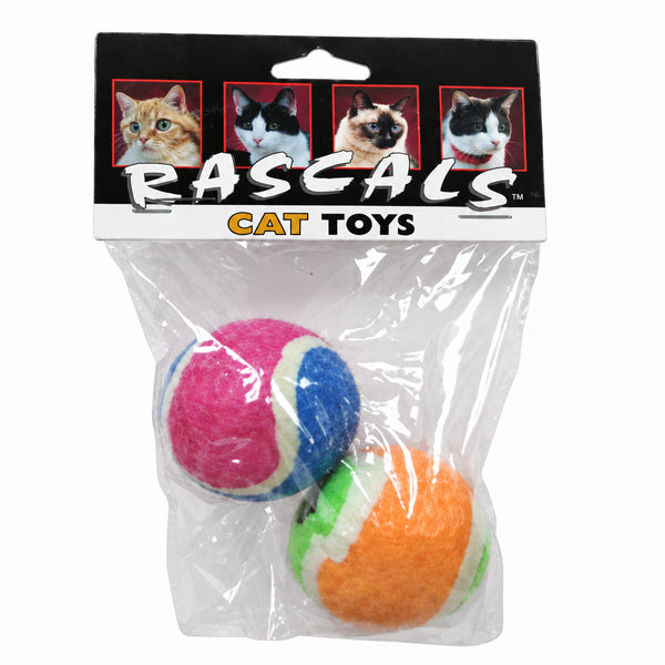 A packaged set of two cat toys, including a pink ball with blue and yellow stripes and an orange ball with green and yellow stripes, in a clear plastic bag with a black header card labeled 'RASCALS CAT TOYS'.