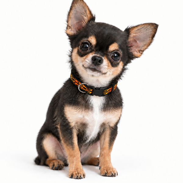 A small black and tan Chihuahua dog wearing a black collar with a yellow and orange flame pattern, sitting against a solid white background.