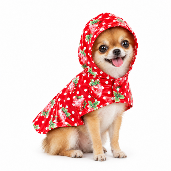 A small tan and white dog wearing a red hooded raincoat with a white polka dot pattern and green strawberry print, photographed on a clean white background.