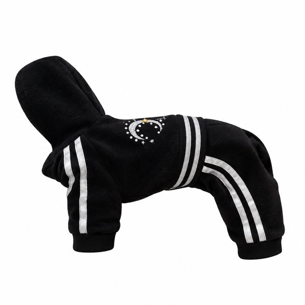 A single black velour sweatsuit with white stripes and a small white graphic 