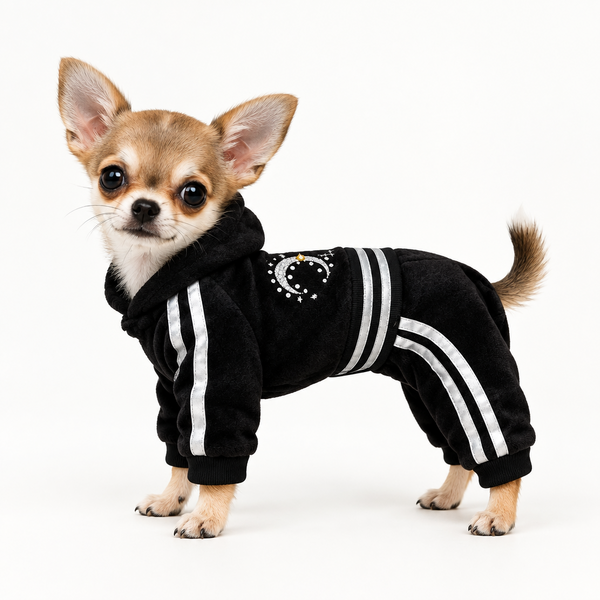A small Chihuahua dog wearing a black pet hoodie sweatshirt with white double stripes and a white horseshoe graphic on the chest, standing against a solid white background.