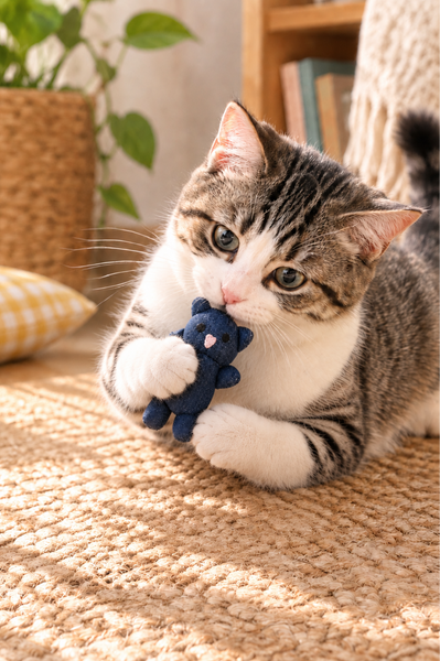 A tabby and white cat lies on a woven beige rug, holding and biting a small dark blue plush toy with a tiny pink heart.