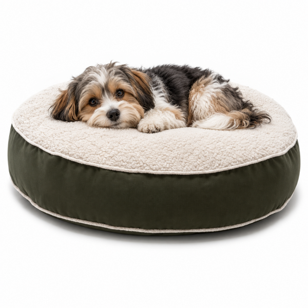 Dog on small round dog bed 24"