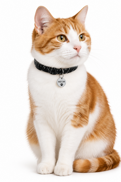 ElastaCat Reflective Collar  featuring a black and white woven strap  on a white and Ginger cat