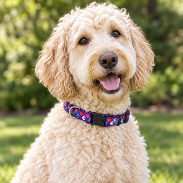 Purple Paws Dog Collar on Larbradoodle