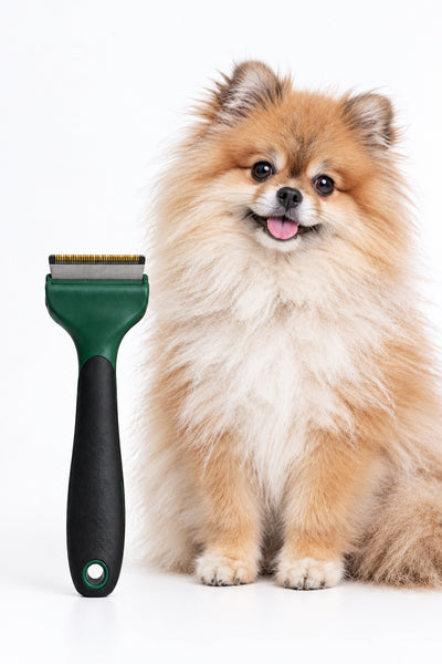 A pet grooming claw clip with a dark green plastic head and a black handle, resting on a tan leather surface.