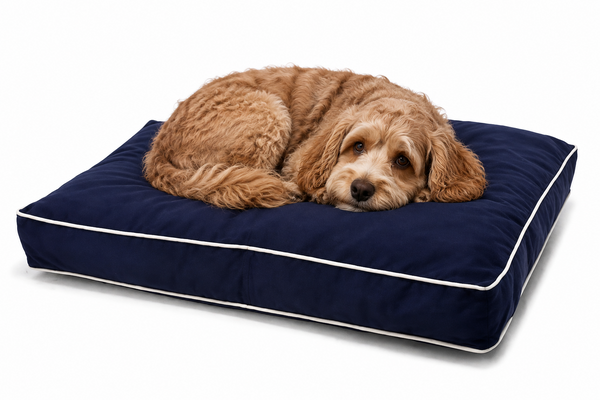 A small brown Spoodle dog with curly fur rests curled up on a navy blue rectangular dog bed with white piping, photographed on a clean white background.