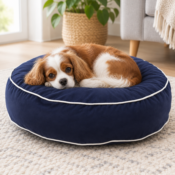 A small brown and white dog rests inside a round navy blue pet bed with white piping, placed on a light rug in a bright living room.