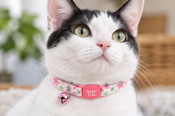 A close-up of a black and white cat wearing a pink floral collar with a small pink bell and a pink tag that reads 'Safe Cat'.