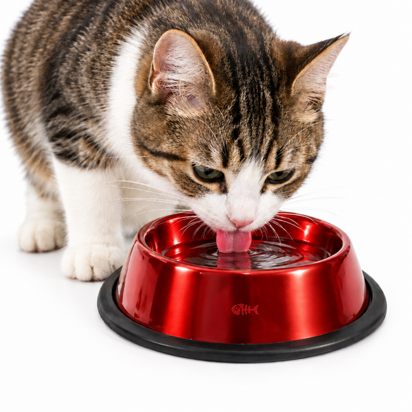 A bright pink stainless steel cat bowl with a black non-slip base, embossed with a fish design on the side.