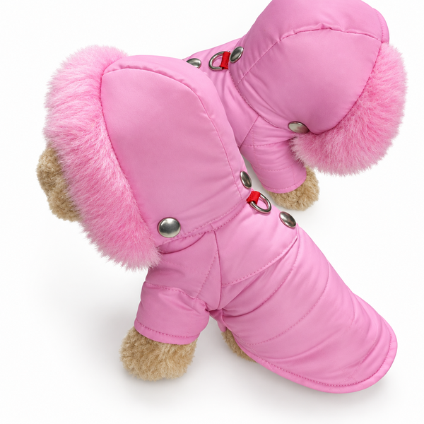 Pink dog coat with fur trim on a white background